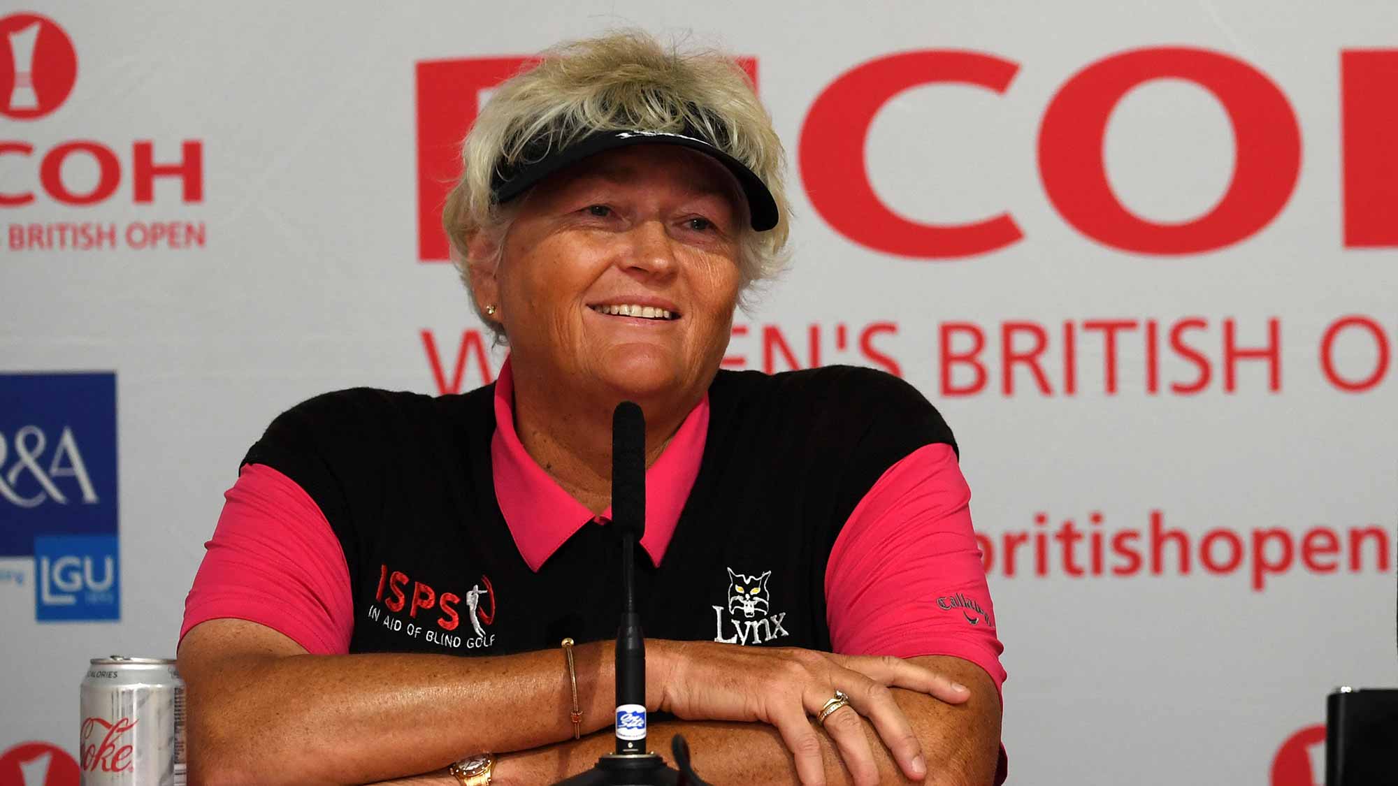 Laura Davies of England speaks to the media during a press conference ahead of the Ricoh Women's British Open at Royal Lytham & St. Annes on August 1, 2018 in Lytham St Annes, England