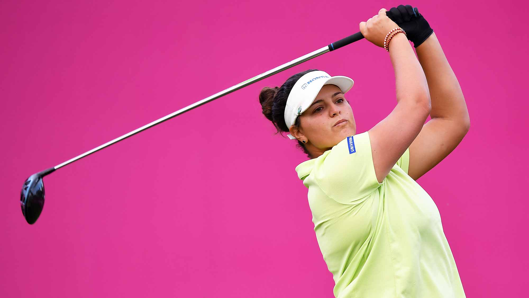 Maria Torres of Puerto Rico tees off during day two of the Evian Championship at Evian Resort Golf Club on September 14, 2018 in Evian-les-Bains, France