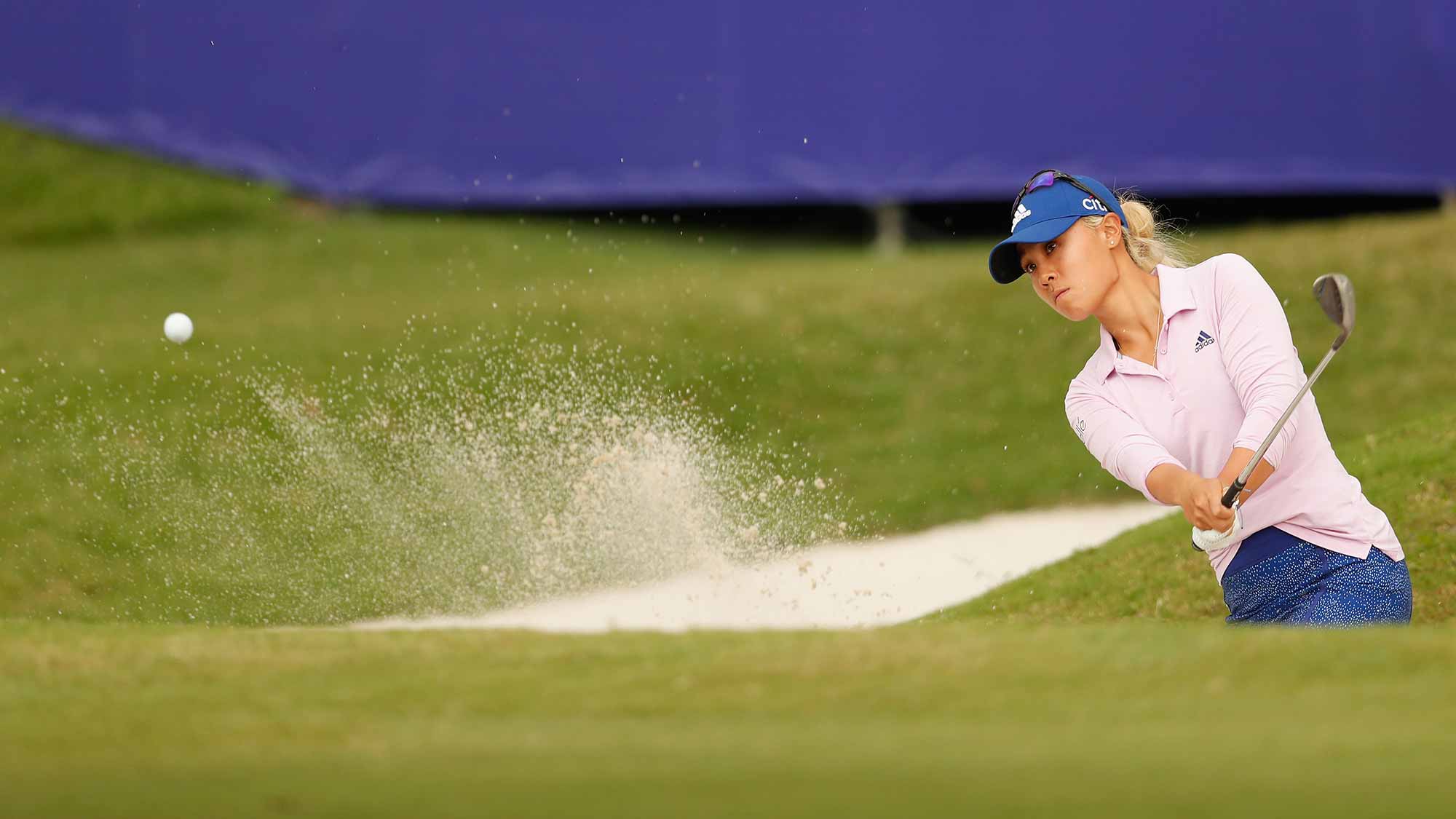 Danielle Kang of United States in action at the eighteen hole during the first round of the Swinging Skirts LPGA Taiwan Championship at Ta Shee Golf & Country Club on October 25, 2018 in Taoyuan, Chinese Taipei