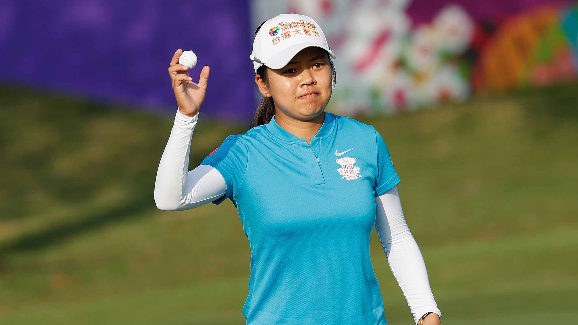 Wei-Ling Hsu of Chinese Taipei acknowledges to spectators after her shot at eighteen hole during the second round of the Swinging Skirts LPGA Taiwan Championship at Ta Shee Golf & Country Club on October 26, 2018 in Taoyuan, Chinese Taipei